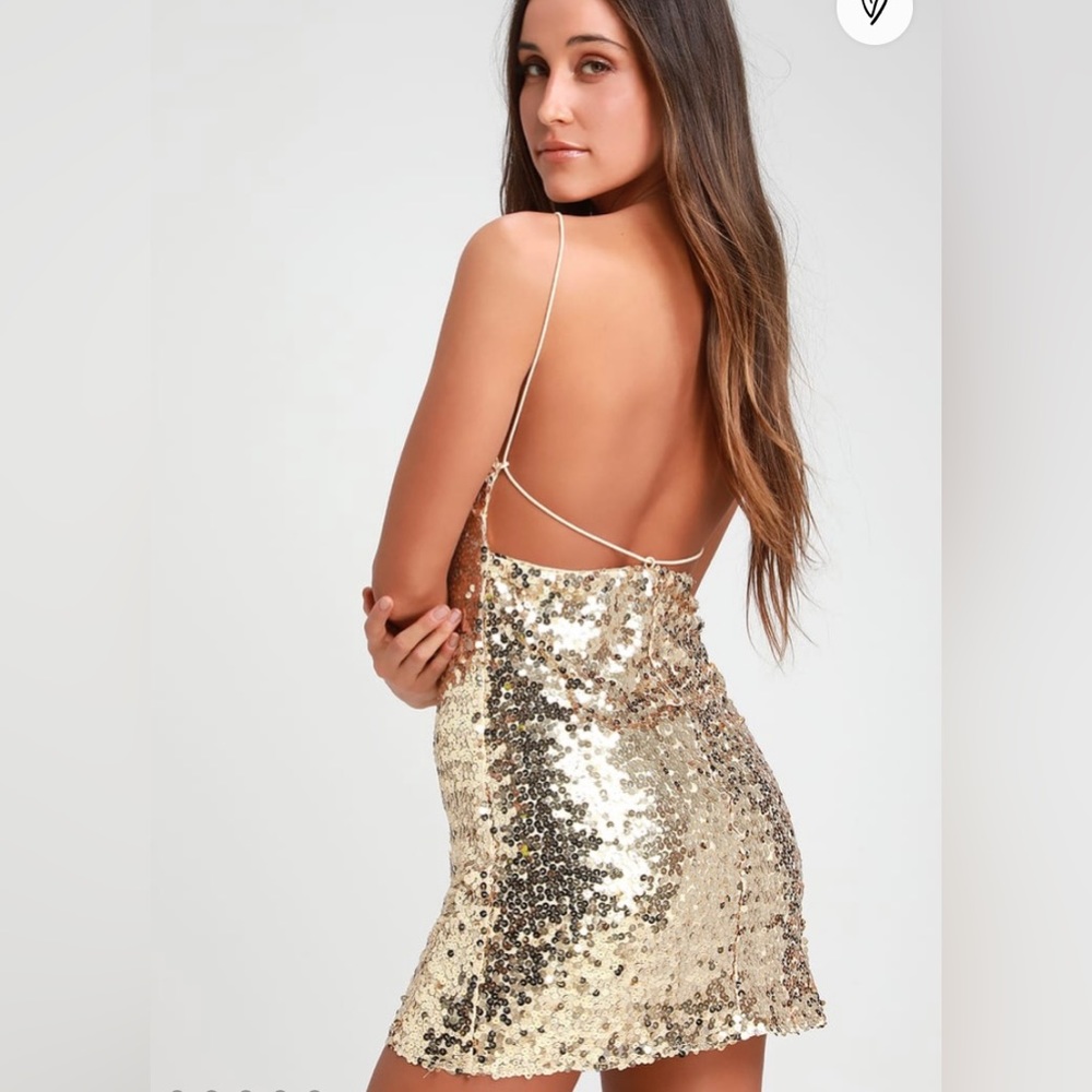 NWT Lulus gold sequined mini dress with open back, Sz. Large. - Picture 2 of 6